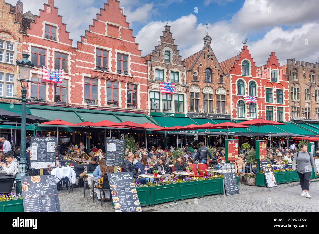 Medieval building facades in The Markt (Market Square), Brugge (Bruges), West Flanders Province, Flemish Region, Belgium Stock Photo