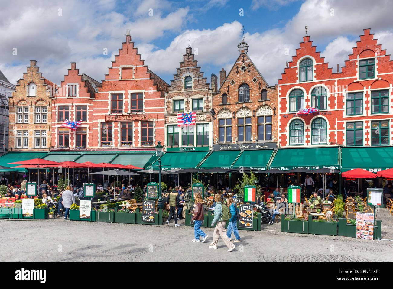 Medieval building facades in The Markt (Market Square), Brugge (Bruges), West Flanders Province, Flemish Region, Belgium Stock Photo