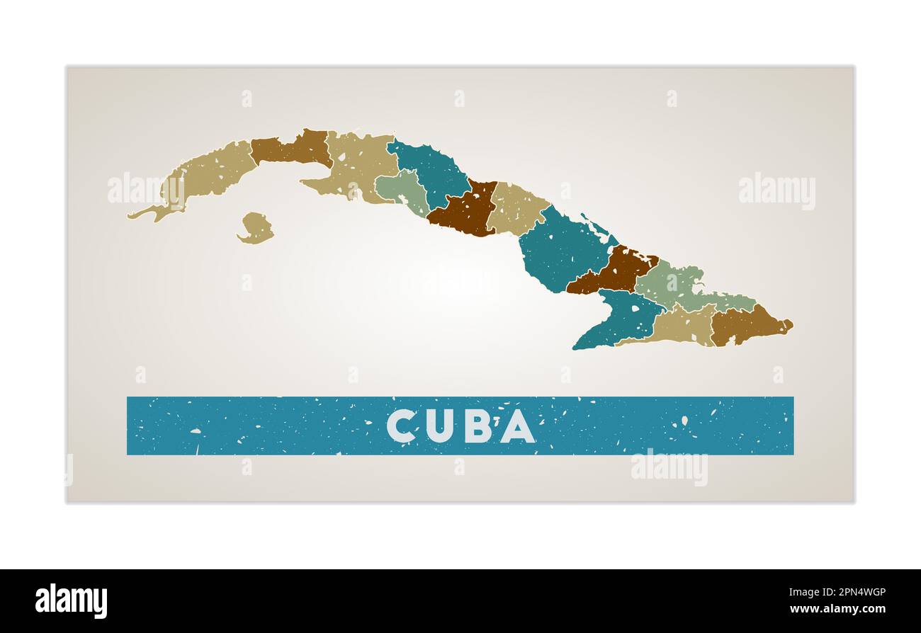 Cuba map. Country poster with regions. Old grunge texture. Shape of