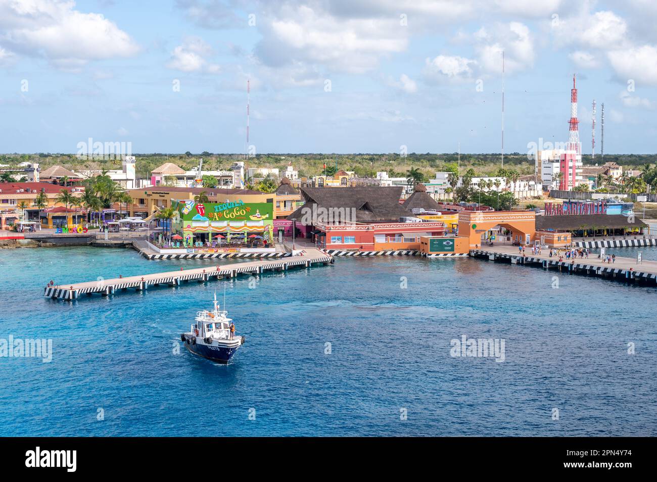 Cozumel, Mexico - April 4, 2023: View of the Cozumel skyline along the cruise port. Stock Photo