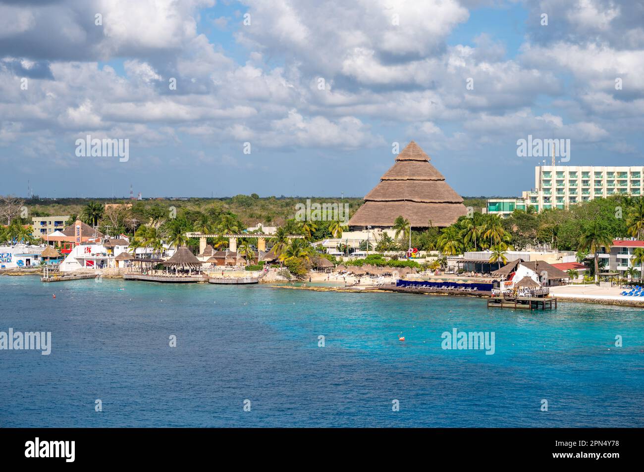 Cozumel, Mexico - April 4, 2023: View of the Cozumel skyline along the cruise port. Stock Photo