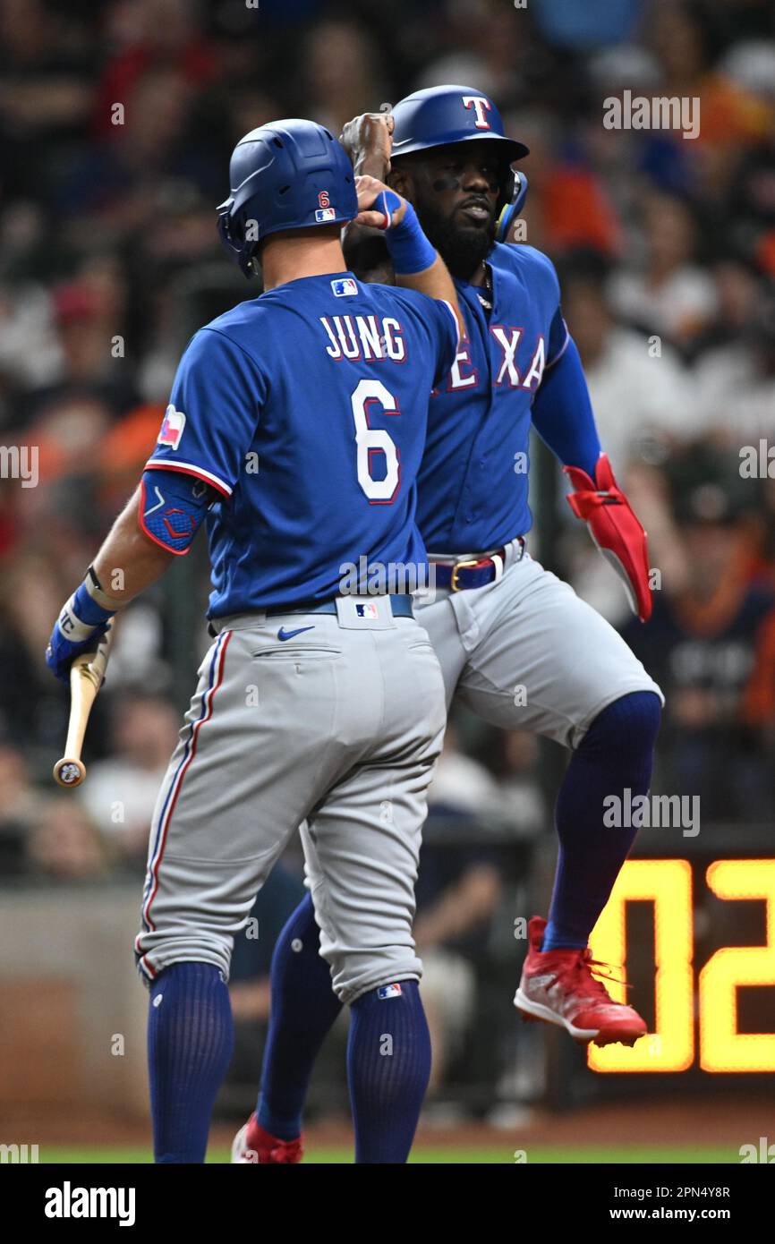 Texas Rangers catcher Jonah Heim (28) batting during the MLB game between  the Texas Ranges and the Houston Astros on Friday, April 14, 2023 at Minute  Stock Photo - Alamy