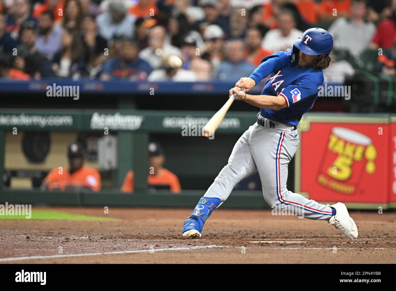 Houston, United States. 14th Apr, 2023. Texas Rangers manager Bruce Bochy  (15) during the MLB game between the Texas Ranges and the Houston Astros on  Friday, April 14, 2023 at Minute Maid Park in Houston, Texas. The Rangers  defeated the Astros