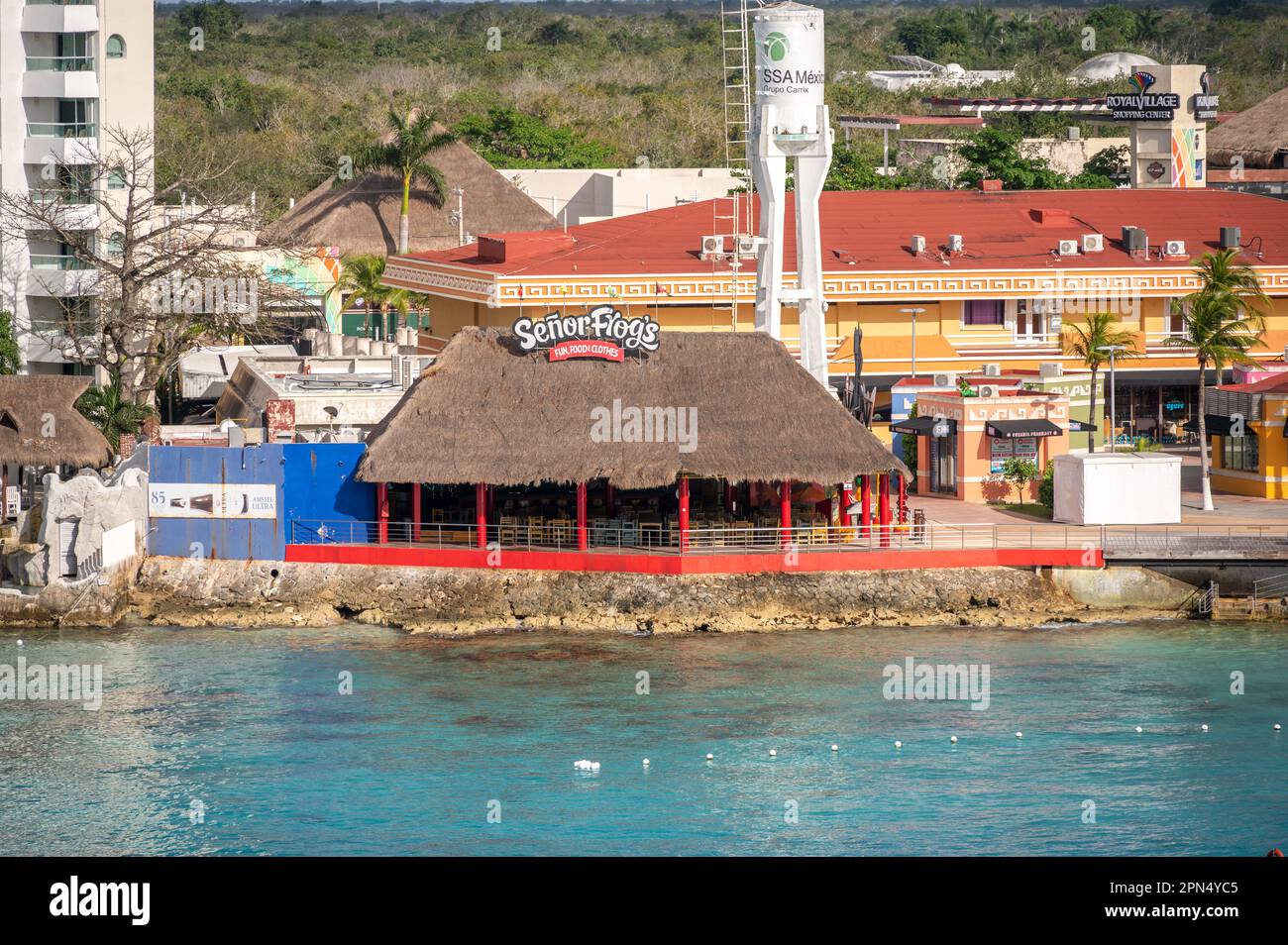 Cozumel, Mexico - April 4, 2023: View of the Cozumel skyline along the cruise port. Stock Photo