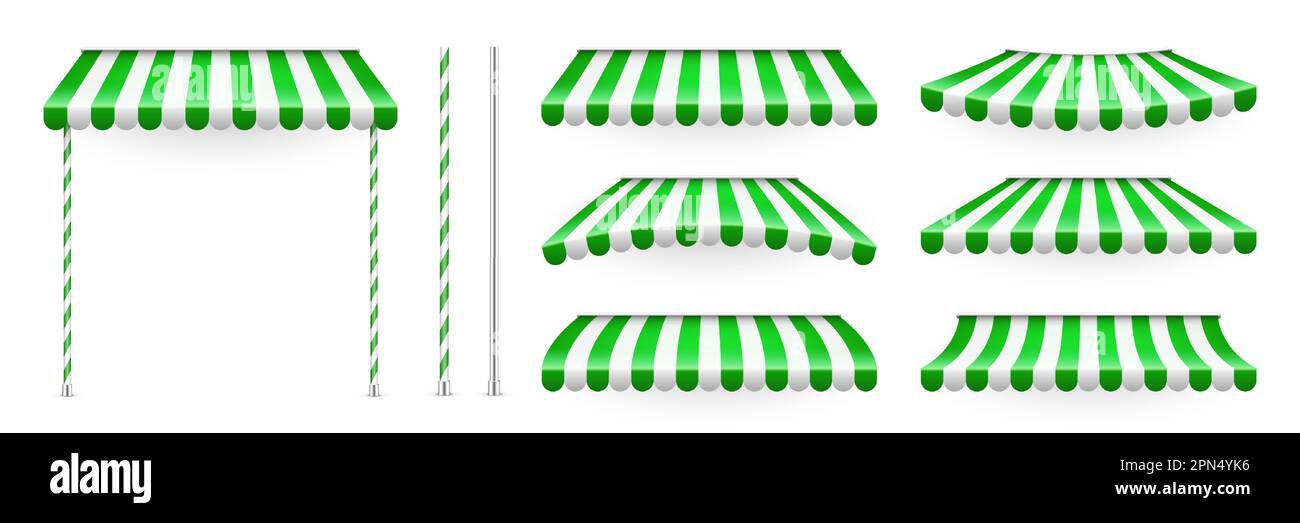 Green shop sunshade with stand holders. Realistic striped cafe awning ...