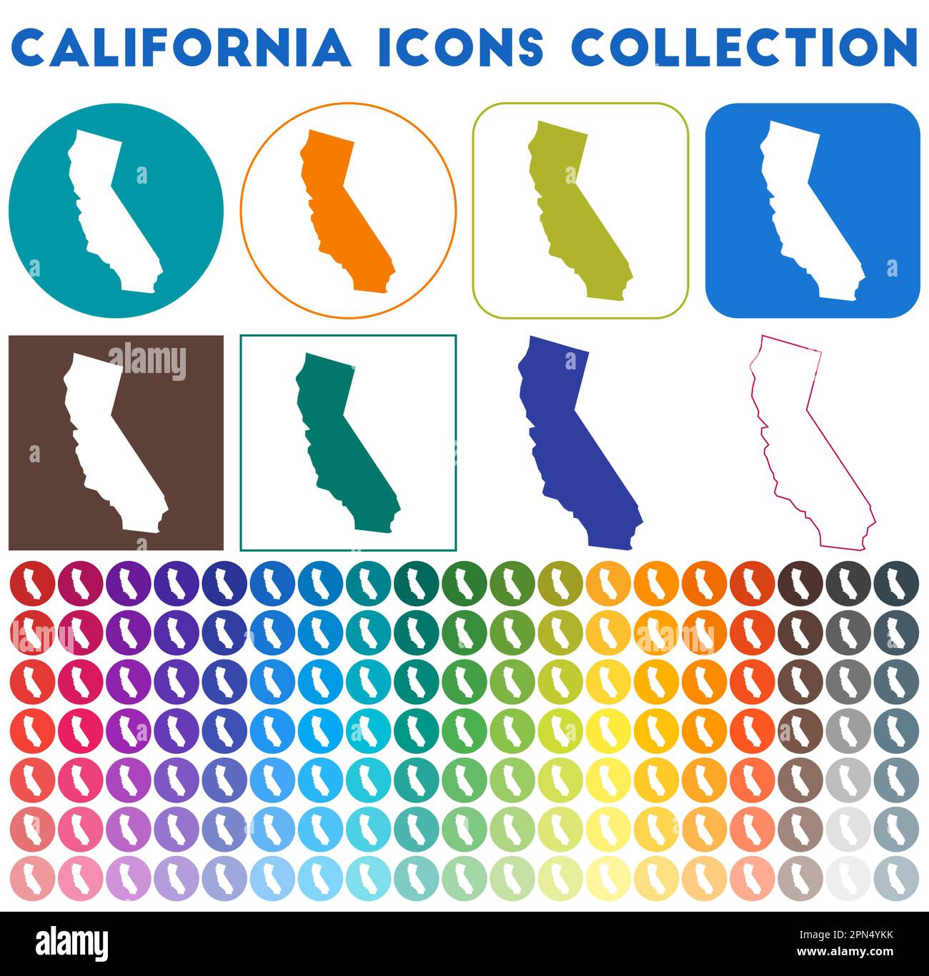 California icons collection Bright - California Icons Collection Bright Colourful Trendy Map Icons Modern California Badge With Us State Map Vector Illustration 2PN4YKK