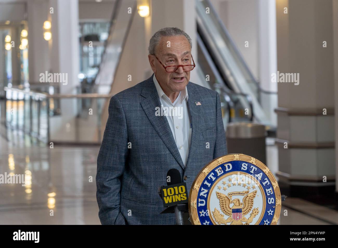Senate Majority Leader, U.S. Senator Chuck Schumer (D-NY) calls on House Republicans to reject former President Trump's call to 'Defund FBI' & DOJ in New York City. With Rep. Jim Jordan of Ohio, come out in support, and House Speaker Kevin McCarthy of California, who has been silent, on-the-way to New York City, Senator Schumer says House GOP must denounce former President Trump's call to defund the Department of Justice (DOJ) and the Federal Bureau Of Investigation (FBI) or risk real threats to anti-terror, opioid scourge, gun trafficking & more, which NYC & LI would feel the most. Stock Photo