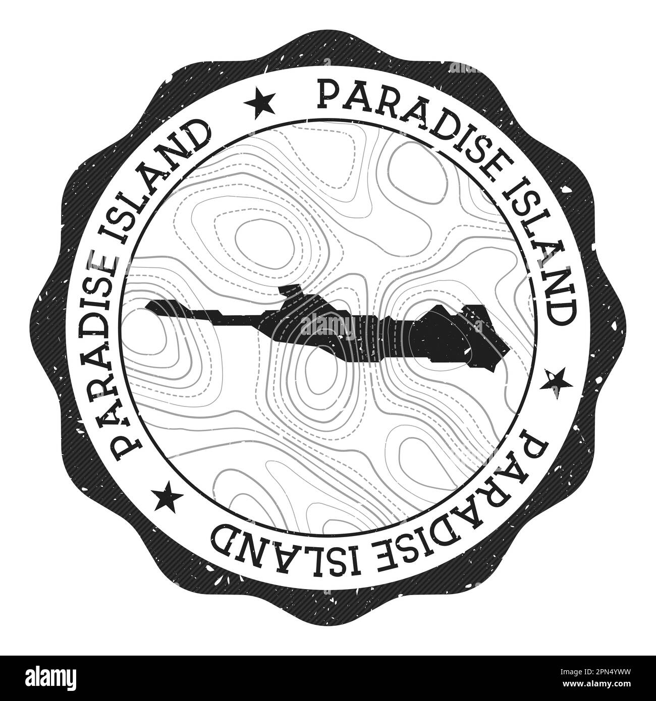 Paradise Island outdoor stamp. Round sticker with map with topographic isolines. Vector illustration. Can be used as insignia, logotype, label, sticke Stock Vector