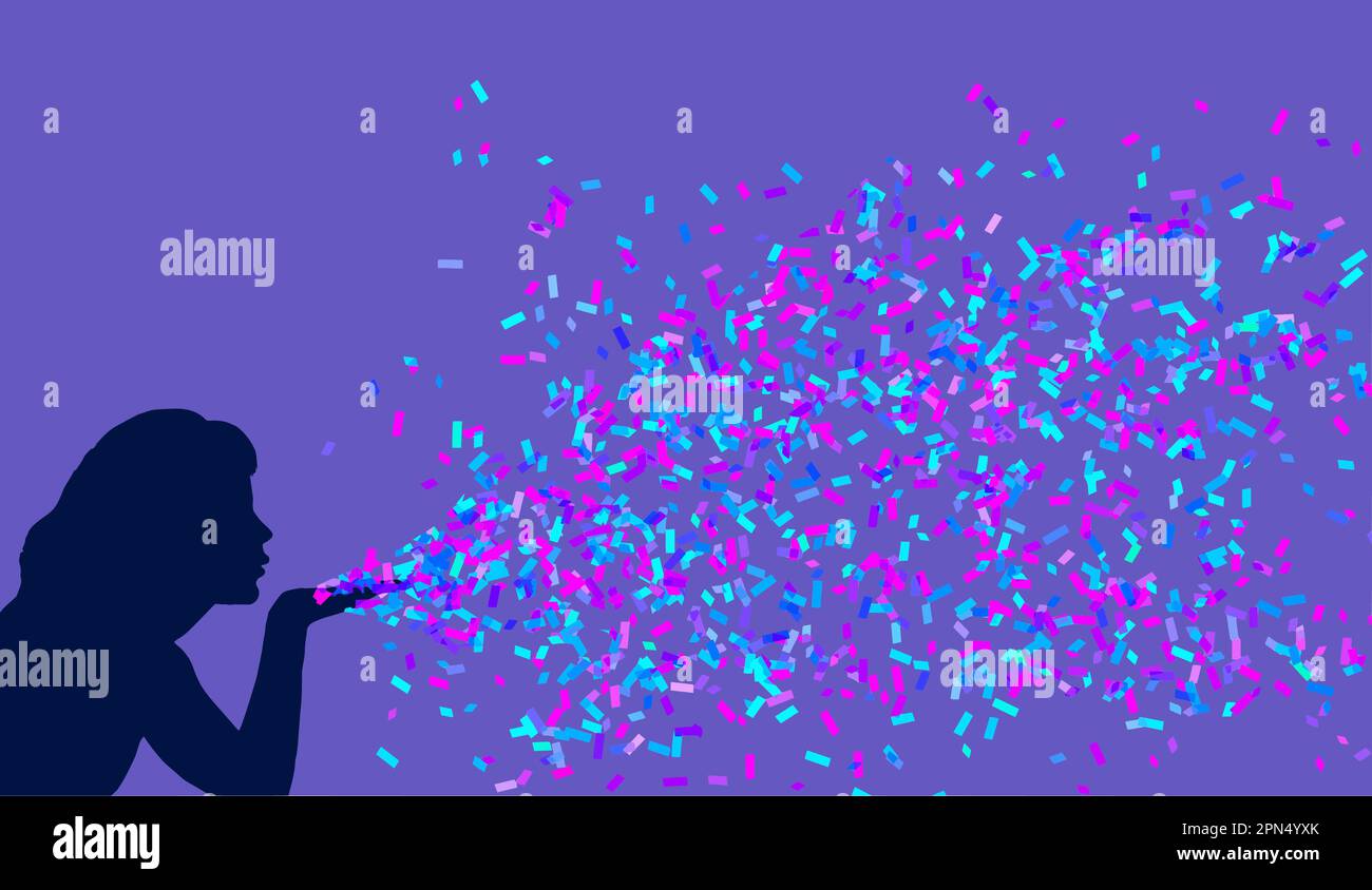 A woman blows a cloud of confetti out of her hand in a vector illustration. Stock Vector