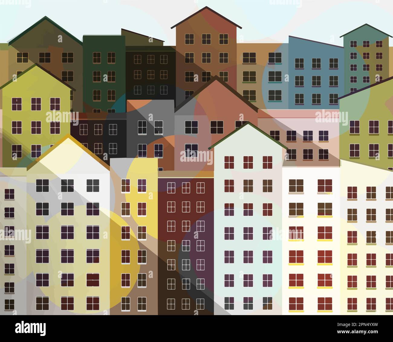 Pastel colored urban buildings are seen in a vector image. Stock Vector