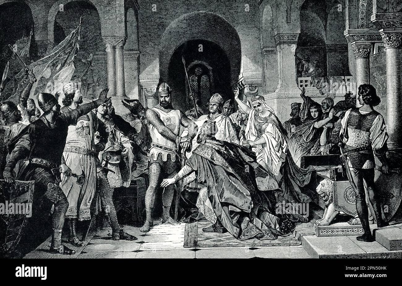 Barbarossa kneels to Henry the Lion  Henry the Lion was mightiest vassal of the Emperor Frederick Barbarossa [died 1195]. When Frederick was warring in Italy, he found himself almost without troops and urged Henry to help him. But the men the Emperor was fighting were Henry’s friends, and he avoided entering the struggle. At last Frederick even threw himself at his vassal’s feet in entreaty. Henry, forced into action, flatly refused his aid. His followers were wild with delight. 'The crown you now see at your feet,' cried one, 'we will place on your own brow.' Frederick’s wife raised the humil Stock Photo