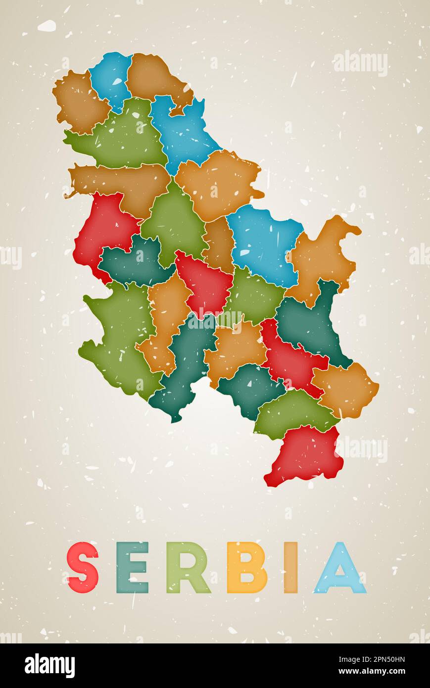 Serbia map. Country poster with colored regions. Old grunge texture