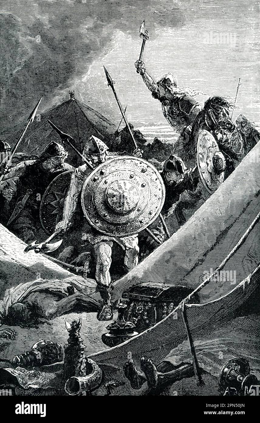 The 1906 capiton reads: 'Franks at Tours searching Arab Camp In the year 734 the Frankish leader Charles Martel defeated a host of Mahometan Arabs at Tours and thus saved Europe for Christianity. At the end of a long day of desperate battle, the Arab leader was killed and his host fled. A pretended flight was a common trick of the Arabs, and the Franks waited under arms all night. In the morning they saw the abandoned camp and began cautiously to explore it, expecrting an attack from behind every tent. The camp, however, was really deseerted and all the plunder gathered by the Arabs had been l Stock Photo