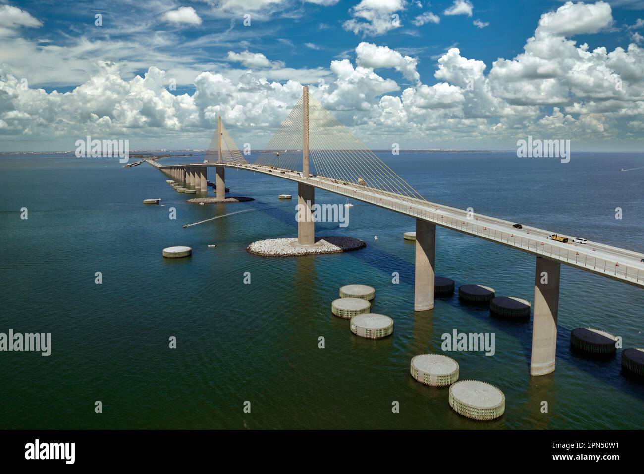 Aerial view of Sunshine Skyway Bridge over Tampa Bay in Florida with