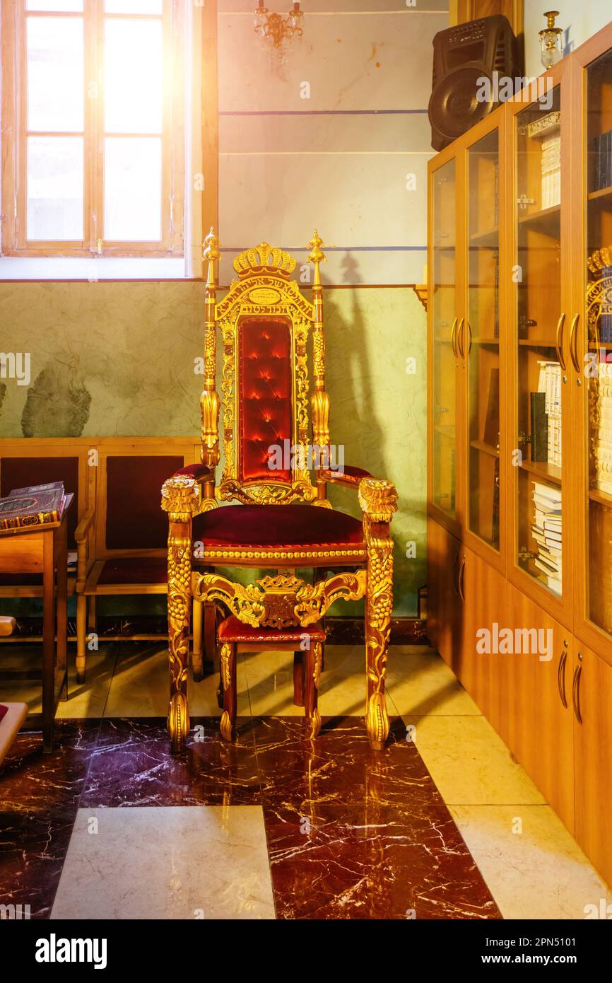 Throne of the prophet Elijah in synagogue. Chair for circumcision Stock