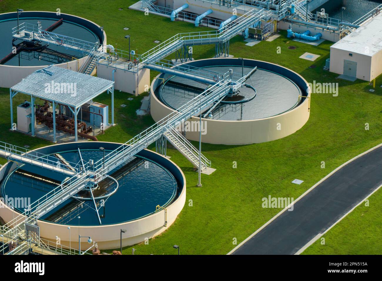 Aerial view of water treatment factory at city wastewater cleaning