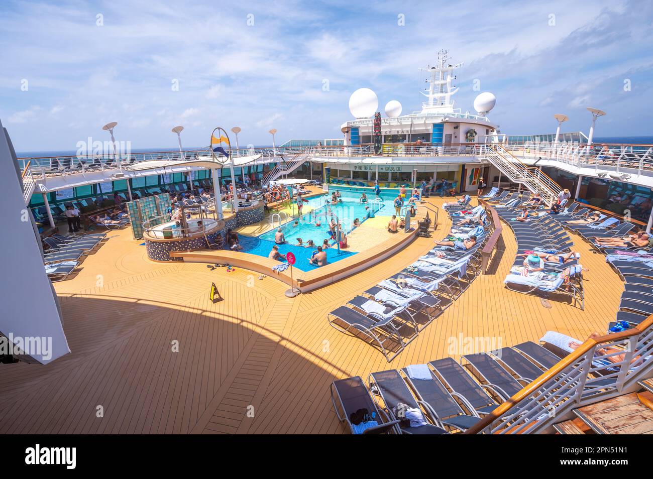 Cozumel, Mexico - April 5, 2023: View of the pool deck on the Radiance of the Seas cruise ship near Mexico. Stock Photo