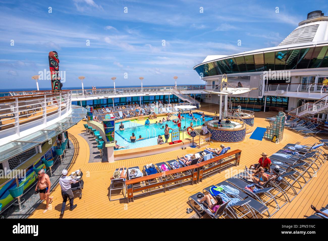 Cozumel, Mexico - April 5, 2023: View of the pool deck on the Radiance of the Seas cruise ship near Mexico. Stock Photo