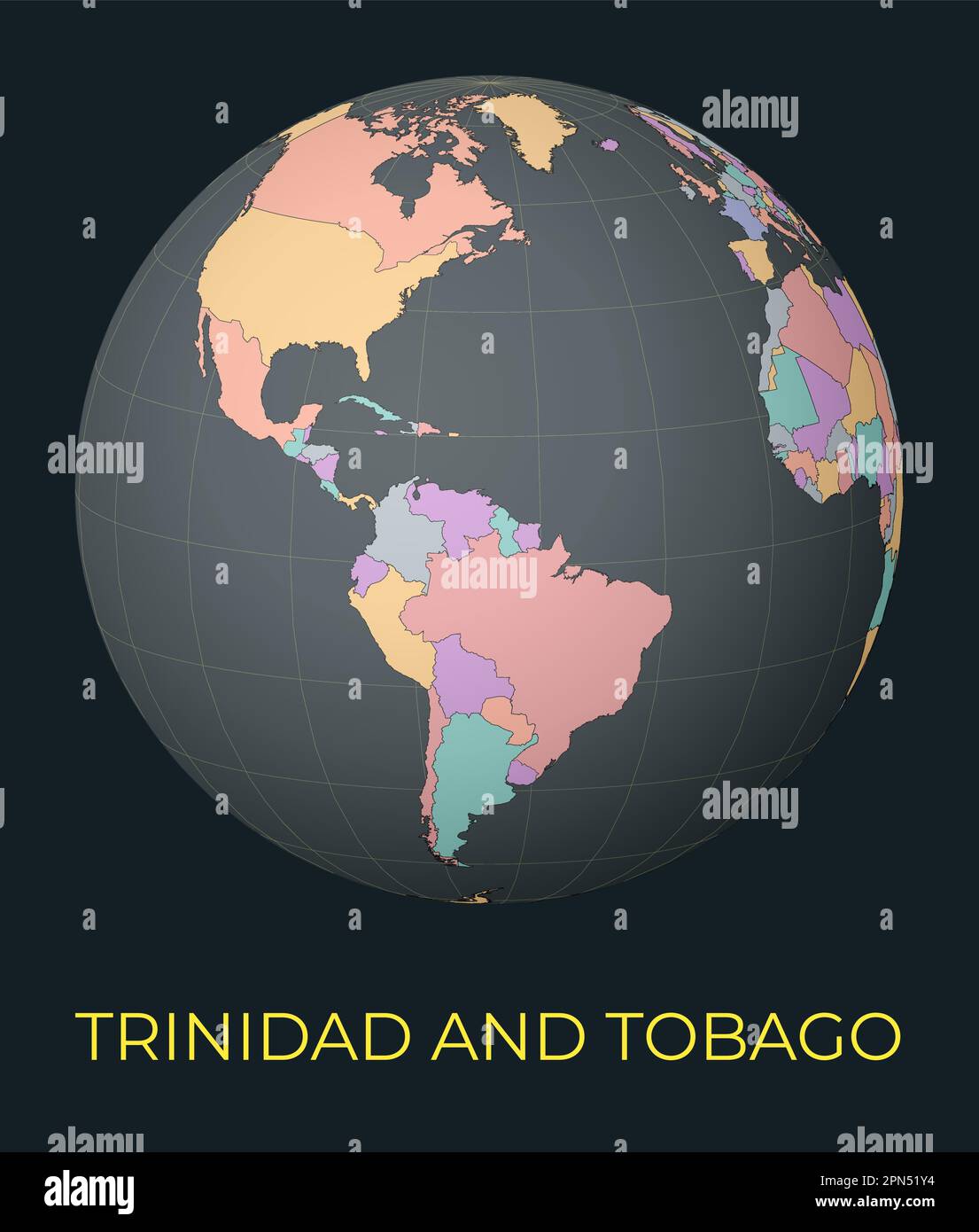 World Map Centered To Trinidad And Tobago Red Country Highlighted World Map Centered To Trinidad And Tobago Red Country Highlighted Satellite World View Centered To Country With Name Vector Illustration 2PN51Y4