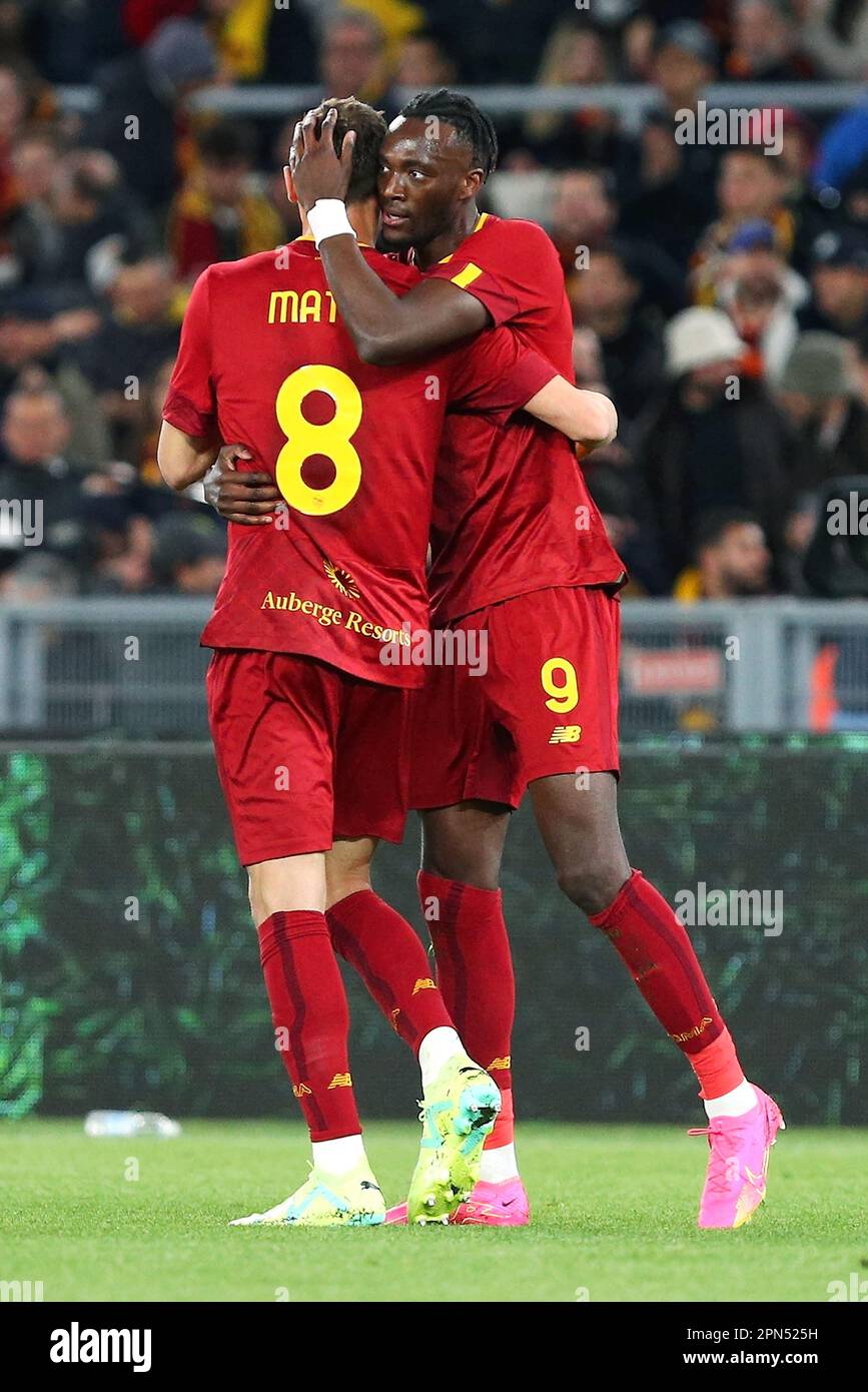 Rome, Italie. 16th Apr, 2023. Tammy Abraham of Roma (R) celebrates with  Nemanja Matic (L) after scoring 3-0 goal during the Italian championship  Serie A football match between AS Roma and Udinese