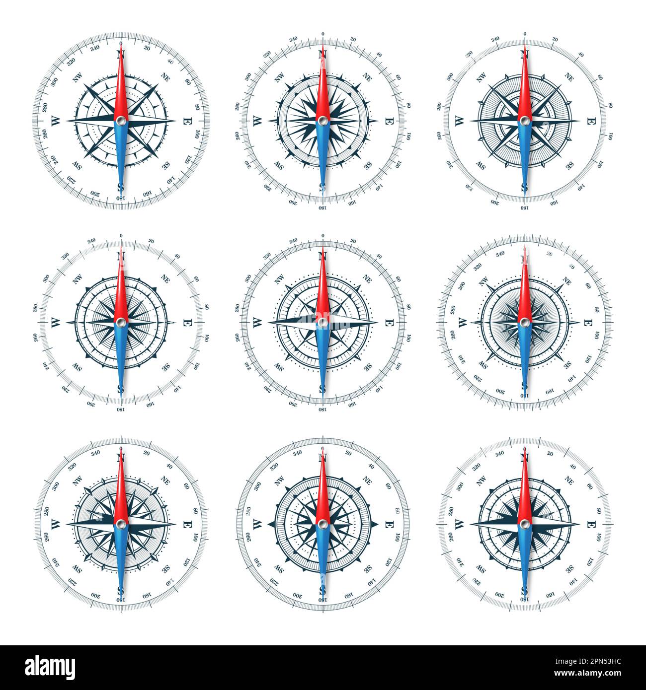 Marine compass, nautical wind rose with cardinal directions of North