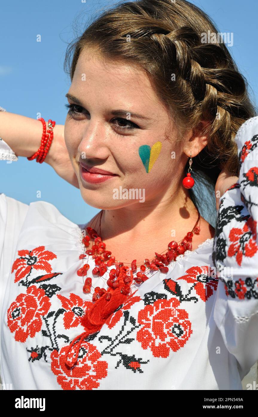 outdoor portrait of  young ukrainian woman in traditional ukrainian clothes Stock Photo