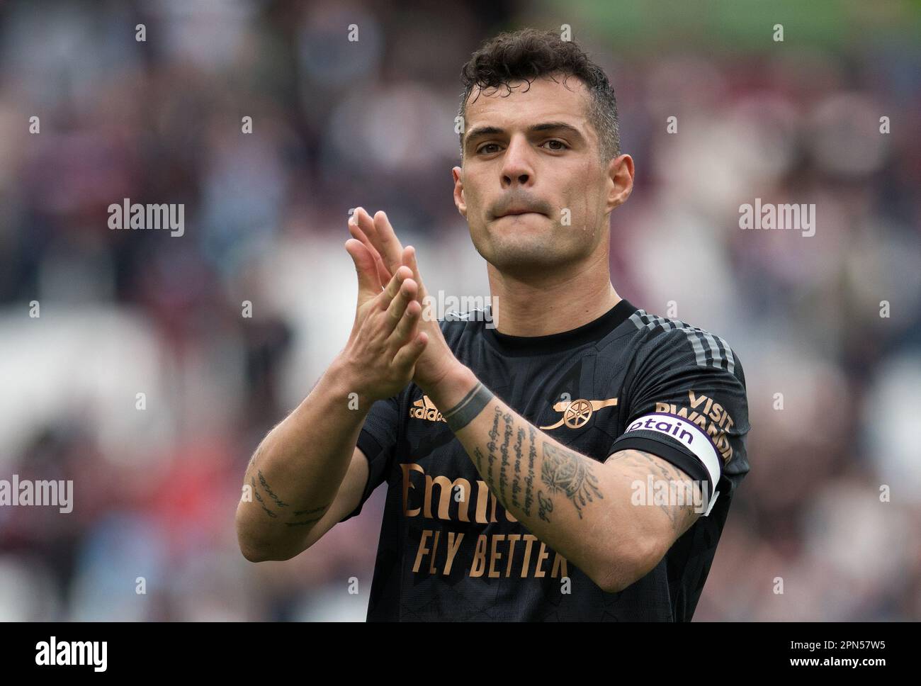 London, UK. 16th Apr, 2023. Granit Xhaka of Arsenal looks on. Premier League match, West Ham Utd v Arsenal at the London Stadium, Queen Elizabeth Olympic Park in London on Sunday 16th April 2023 . this image may only be used for Editorial purposes. Editorial use only pic by Sandra Mailer/Andrew Orchard sports photography/Alamy Live news Credit: Andrew Orchard sports photography/Alamy Live News Stock Photo