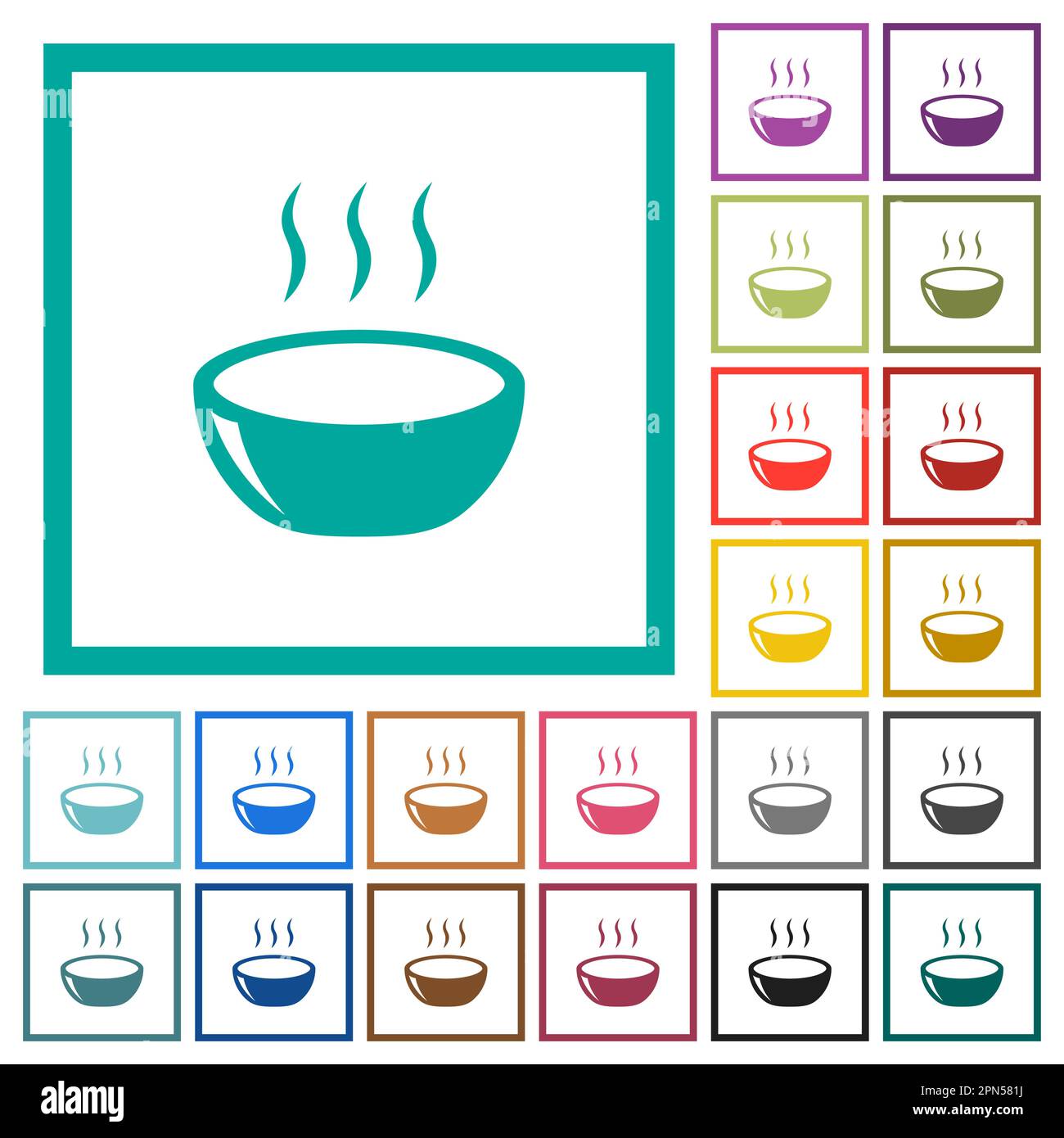 Glossy steaming bowl flat color icons with quadrant frames on white background Stock Vector