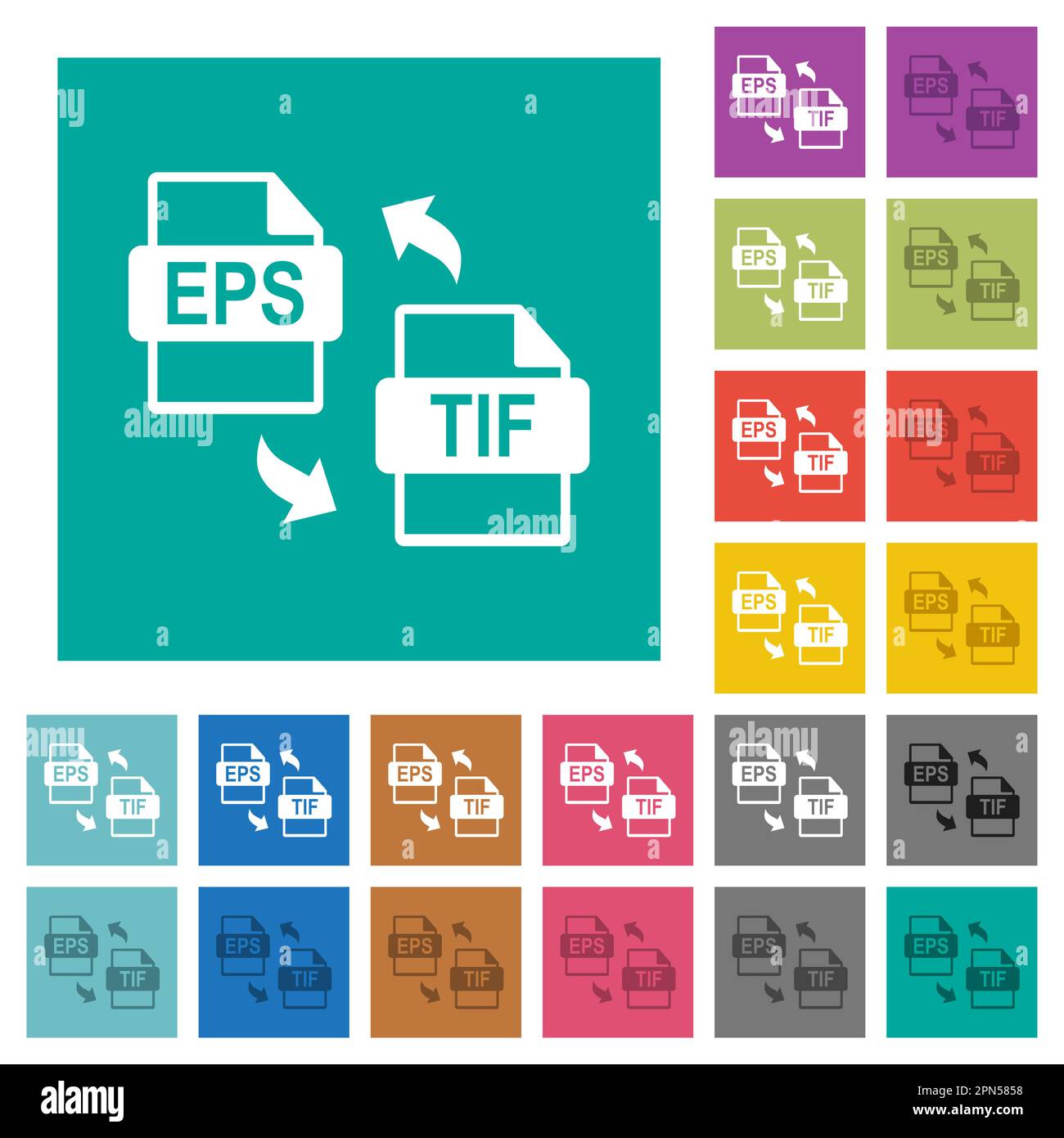 EPS TIF file conversion multi colored flat icons on plain square backgrounds. Included white and darker icon variations for hover or active effects. Stock Vector