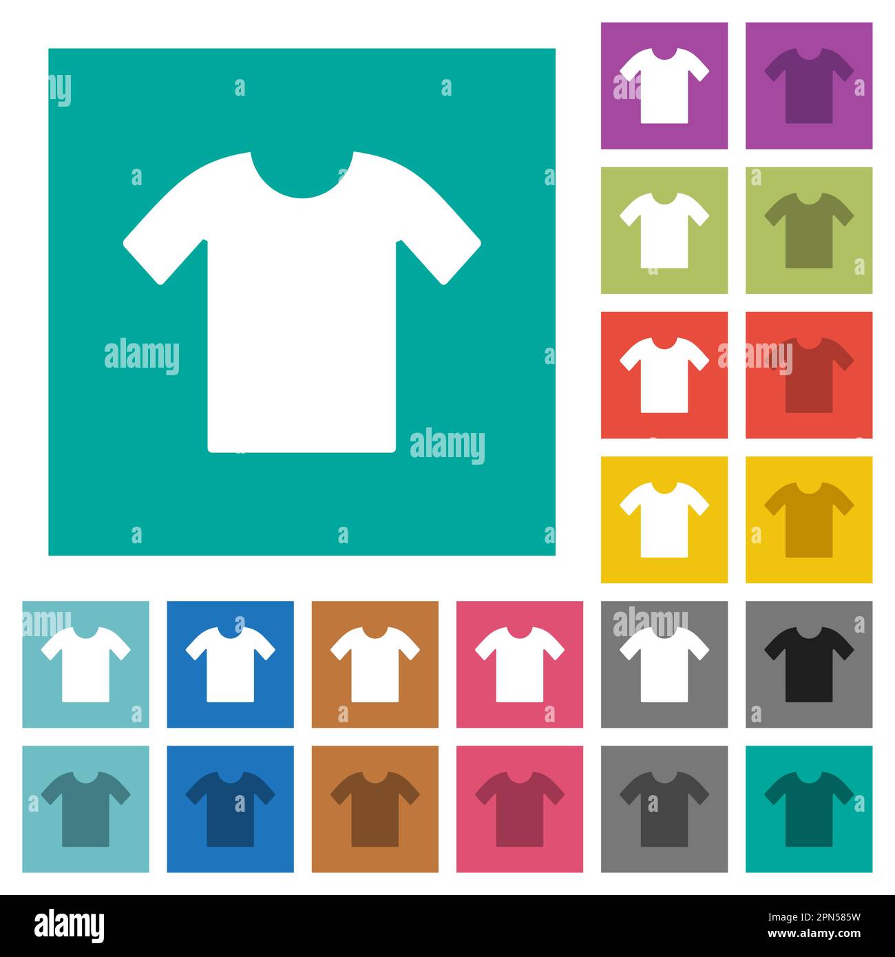 T-shirt multi colored flat icons on plain square backgrounds. Included white and darker icon variations for hover or active effects. Stock Vector