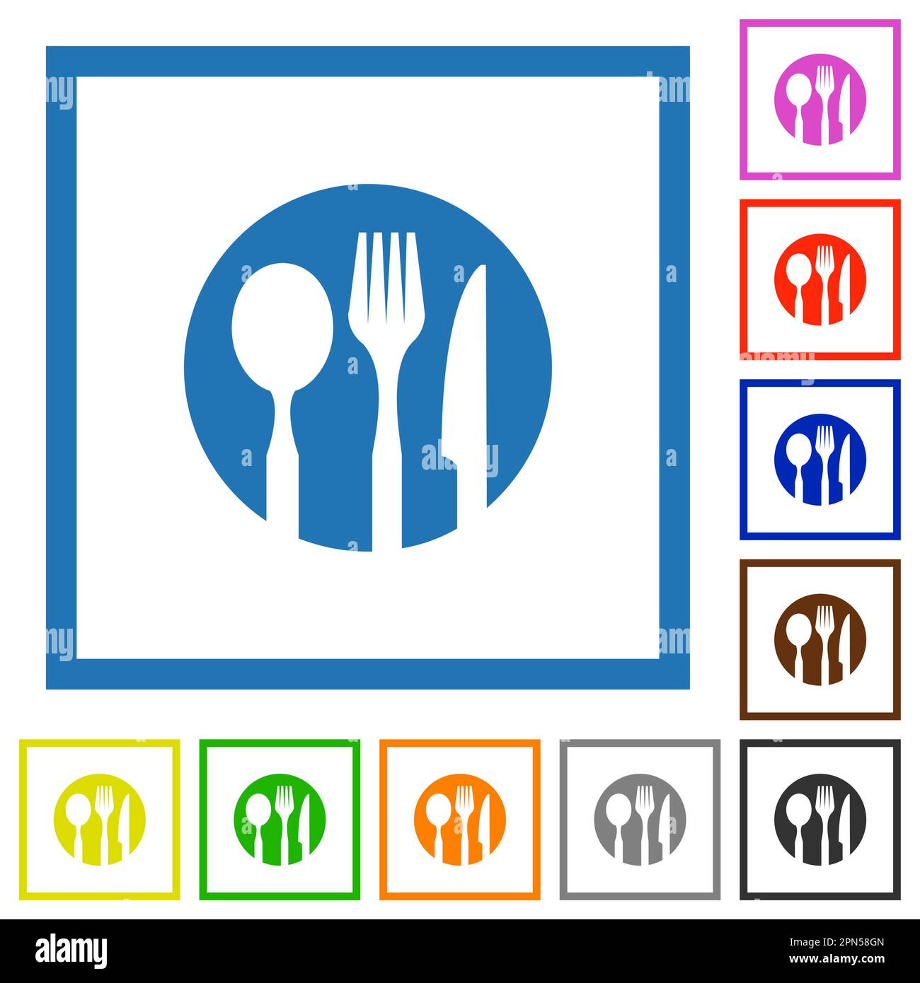 Tableware set solid flat color icons in square frames on white background Stock Vector