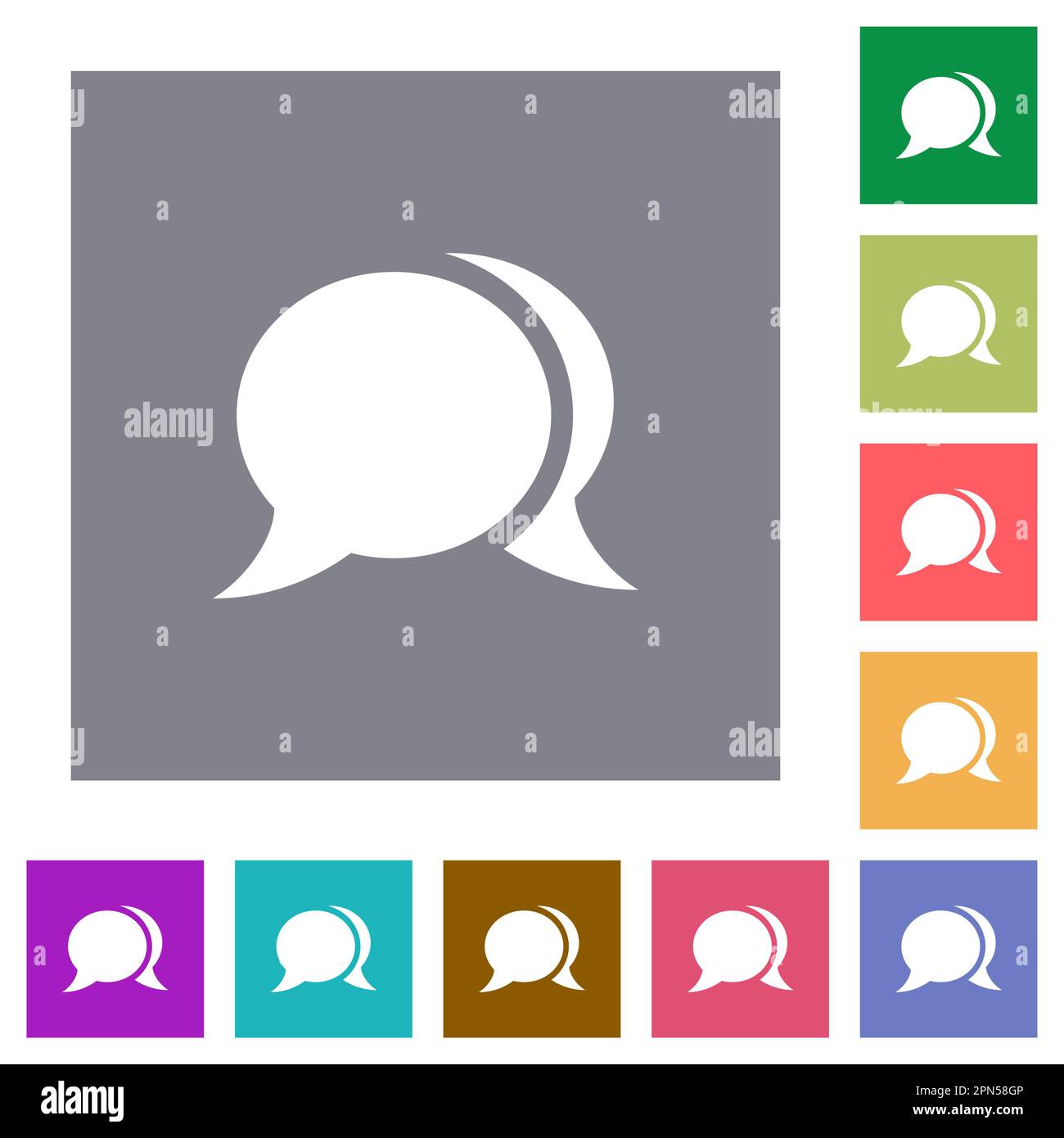 Two oval chat bubbles solid flat icons on simple color square backgrounds Stock Vector