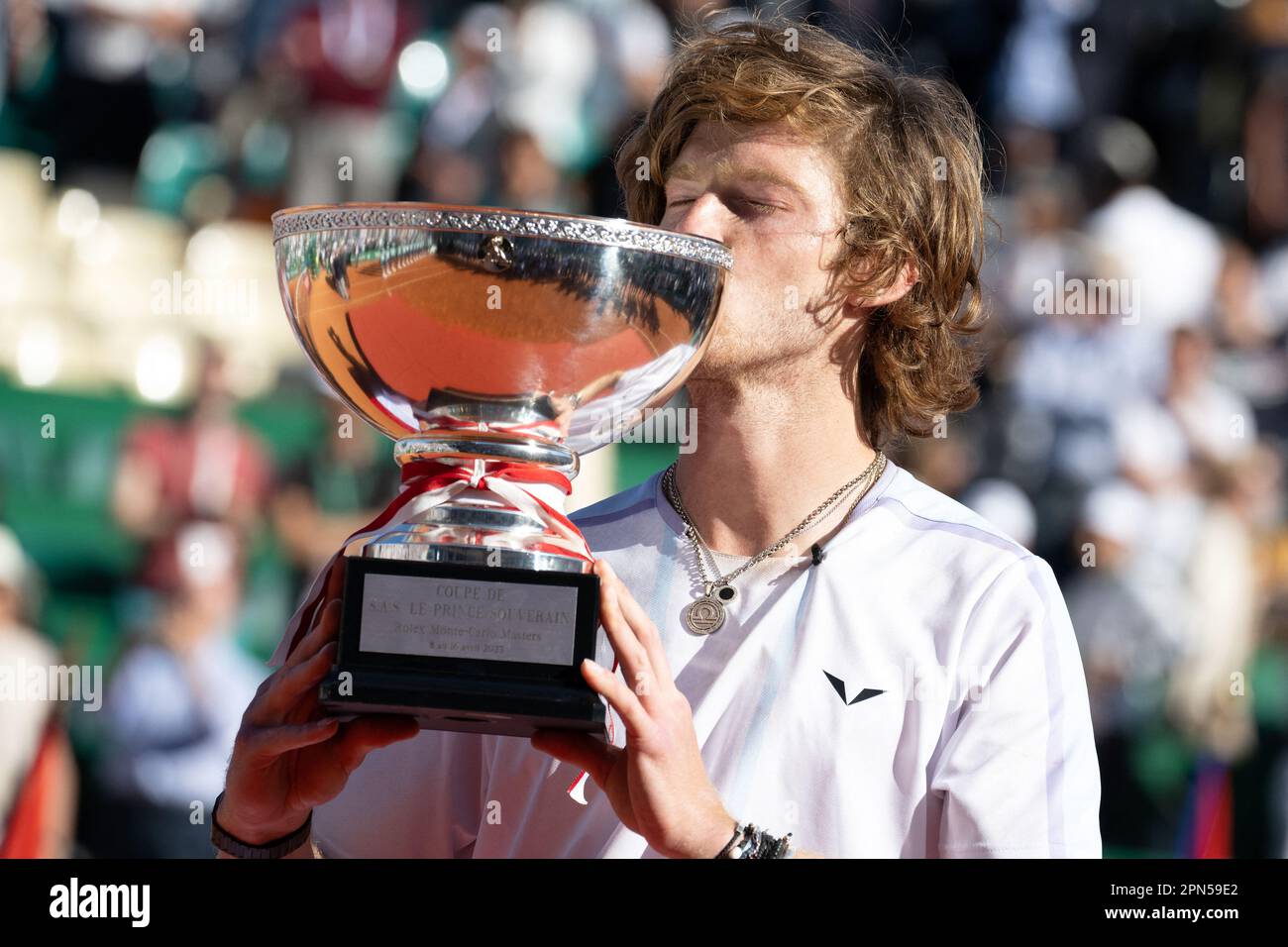 Monte Carlo, Monaco. 17th Apr, 2023. Monte-Carlo Masters winner Andrey  Rublev kisses the Champion trophy during the final Monte-Carlo ATP Masters  Series tournament tennis match against Denmark's Holger Rune in Monte Carlo