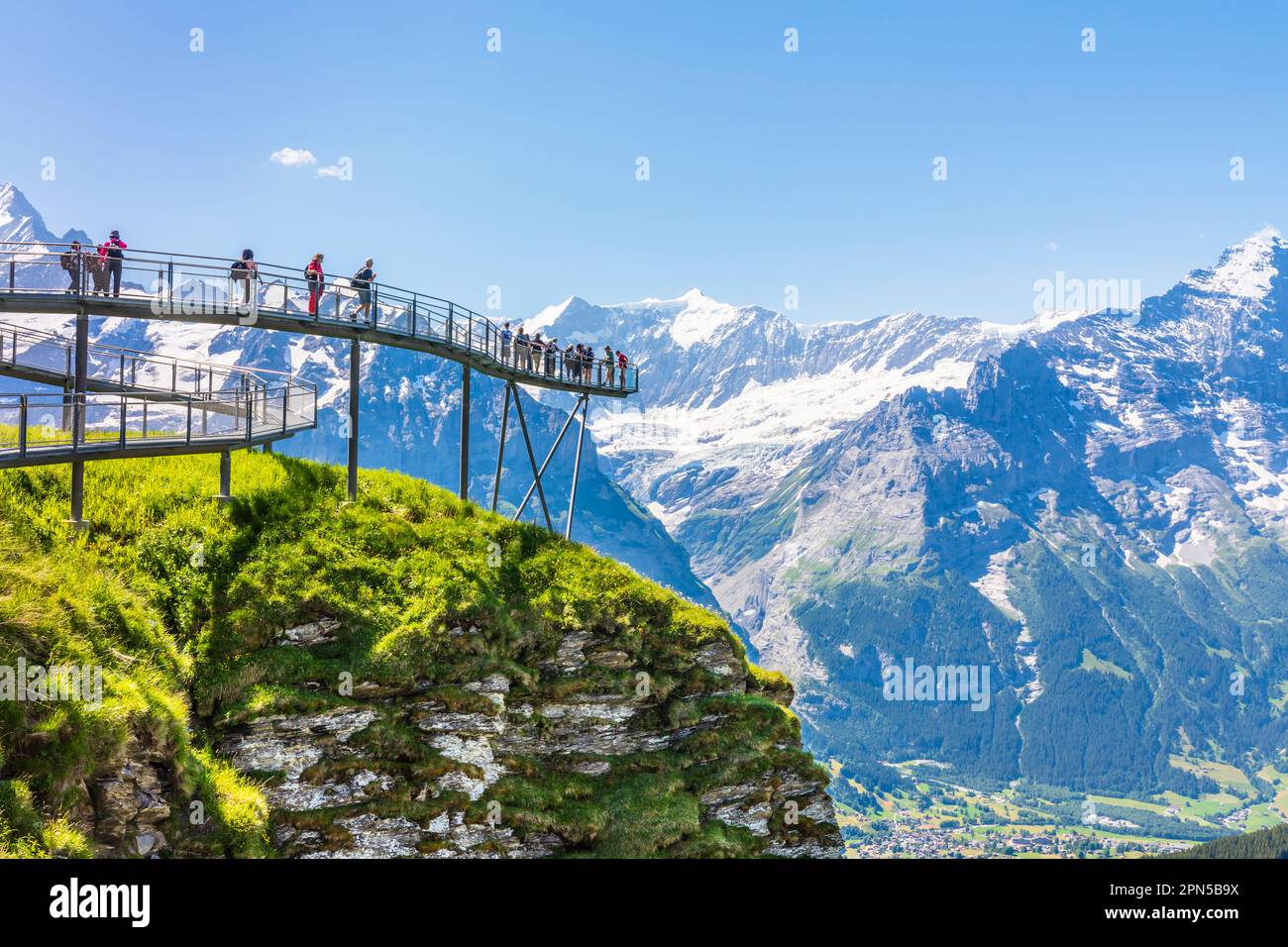First Cliff Walk walkway, an aerial panoramic viewing platform in Grindelwald-First, Jungfrau region, Bernese Oberland, Switzerland with Eiger views Stock Photo