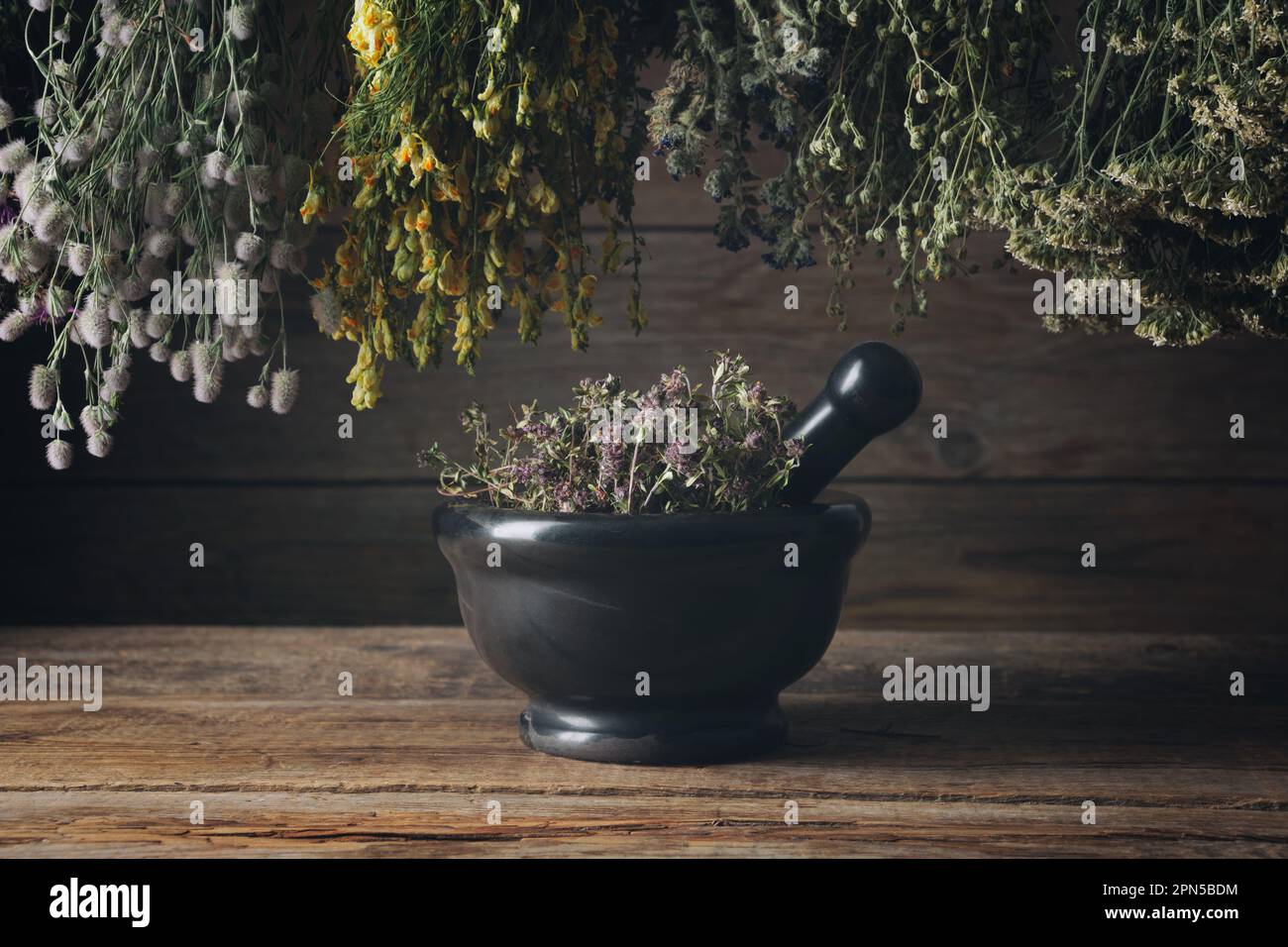 Hanging bunches of medicinal herbs, black stone mortar of healing dried