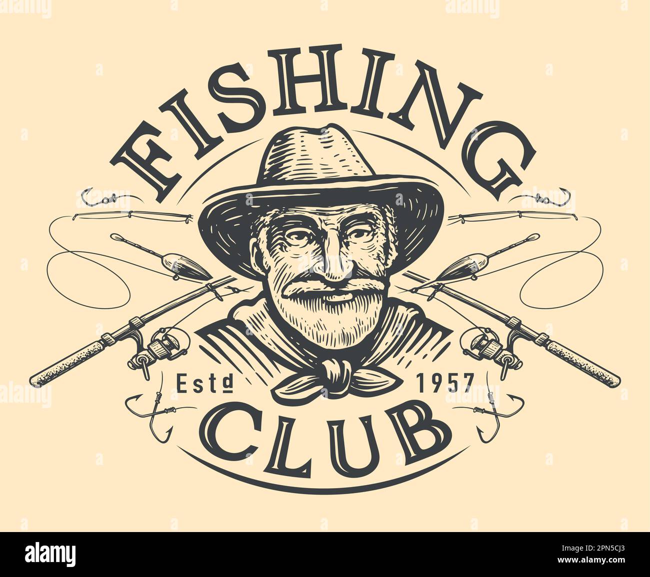 Fishing club emblem. Happy elderly fisherman and crossed fishing rods for catching fish. Vintage vector illustration Stock Vector