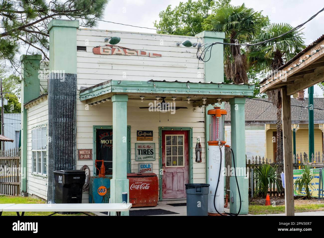 KENNER, LA, USA - MARCH 31, 2023: Replicated 1930's small town gas station in Heritage Park Stock Photo
