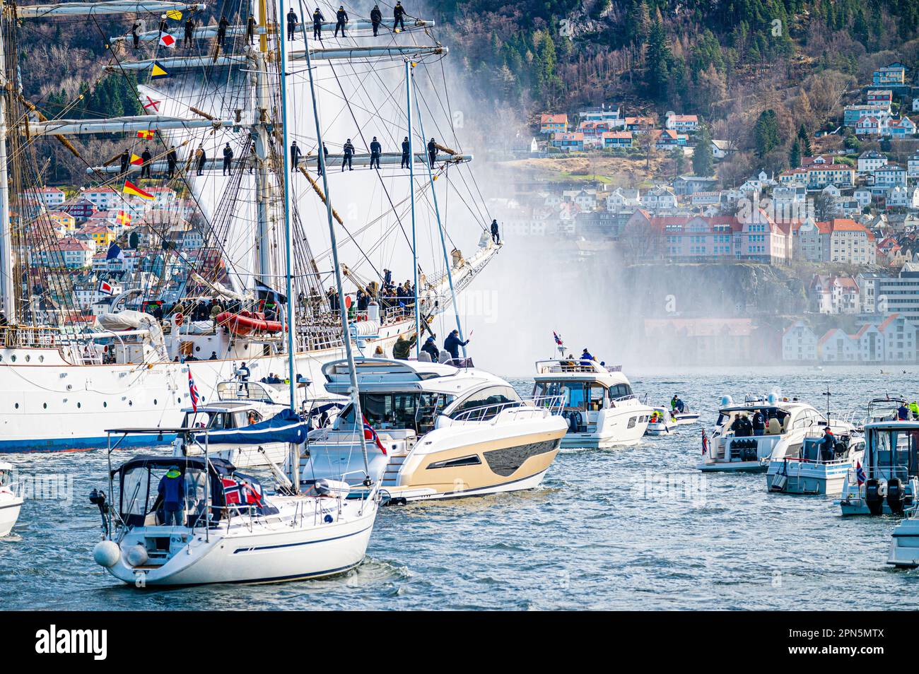The Statsraad Lehmkuhl coming home to Bergen after 20 months at sea around the world. Stock Photo
