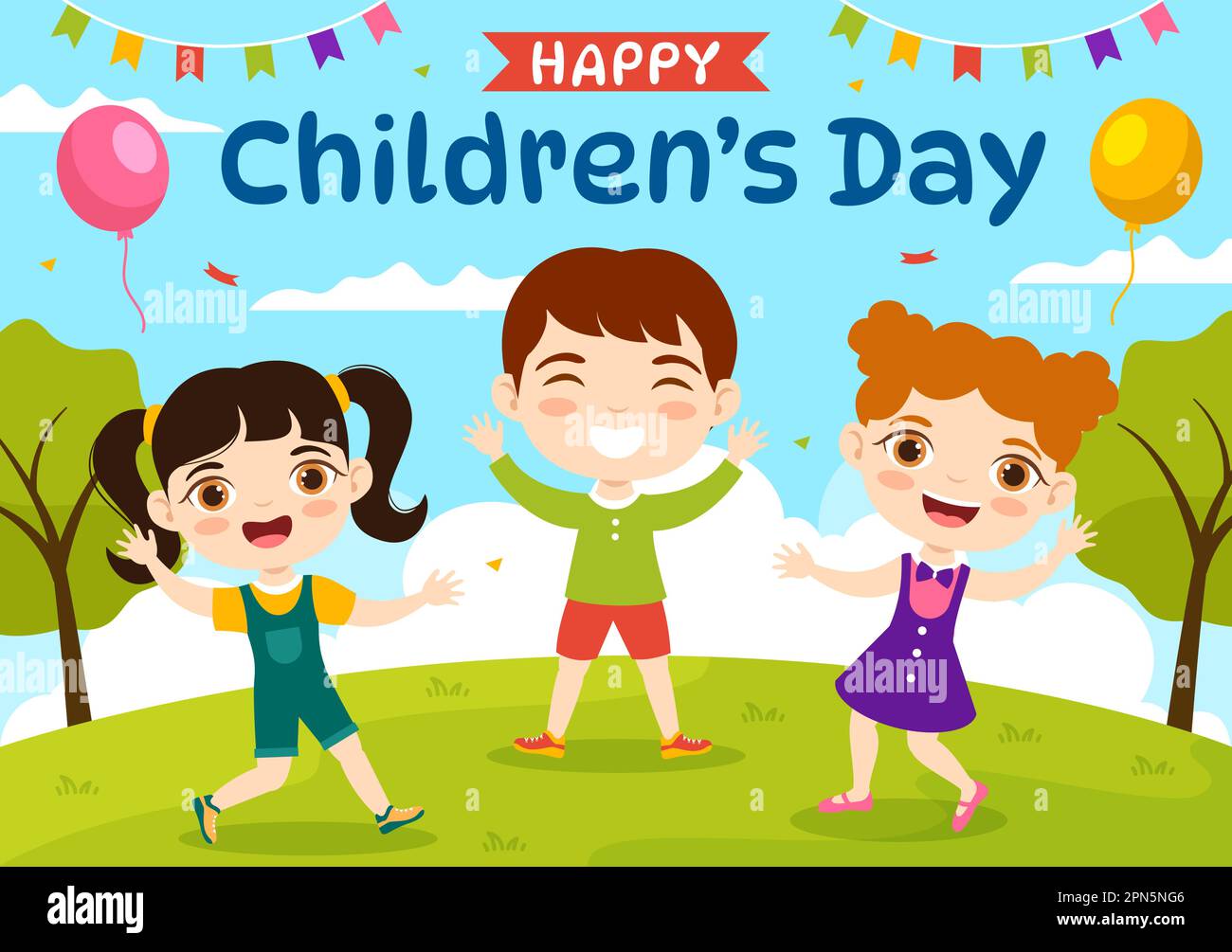 Happy Children Day Vector Illustration with Boy and Girl Kids in Toys on Background Flat Cartoon Hand Drawn for Web Banner or Landing Page Templates Stock Vector