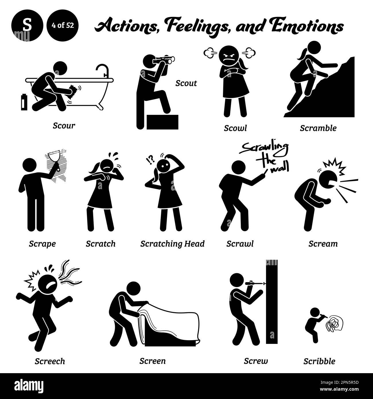 Stick figure human people man action, feelings, and emotions icons alphabet S. Scour, scout, scowl, scramble, scrape, scratch, scratching head, scrawl Stock Vector