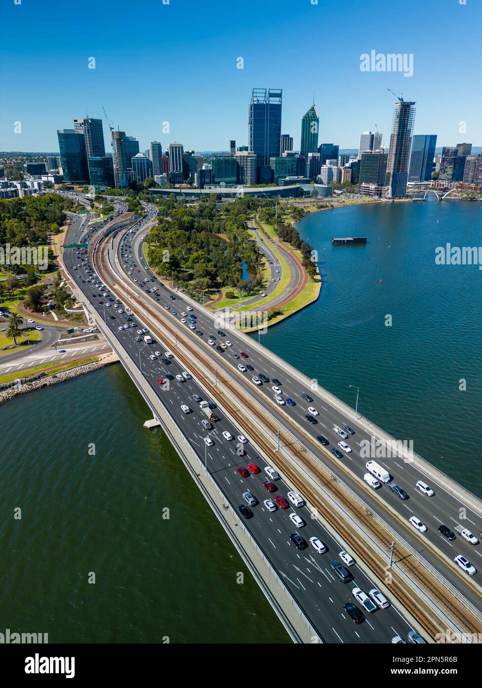 Vertical aerial shot of highway connecting to Perth CBD in Australia Stock Photo