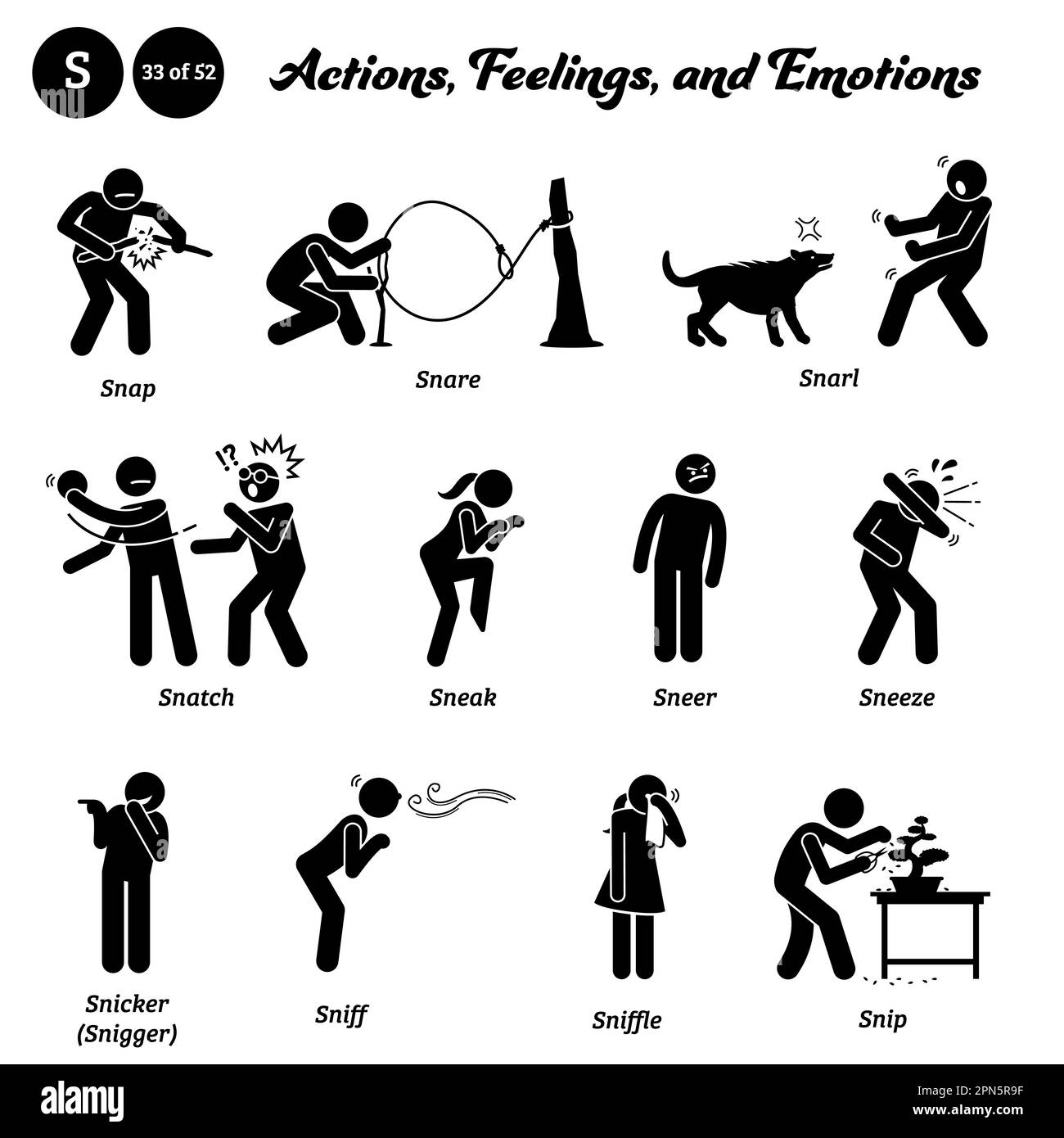 Stick figure human people man action, feelings, and emotions icons alphabet S. Snap, snare, snarl, snatch, sneak, sneer, sneeze, snicker, snigger, sni Stock Vector