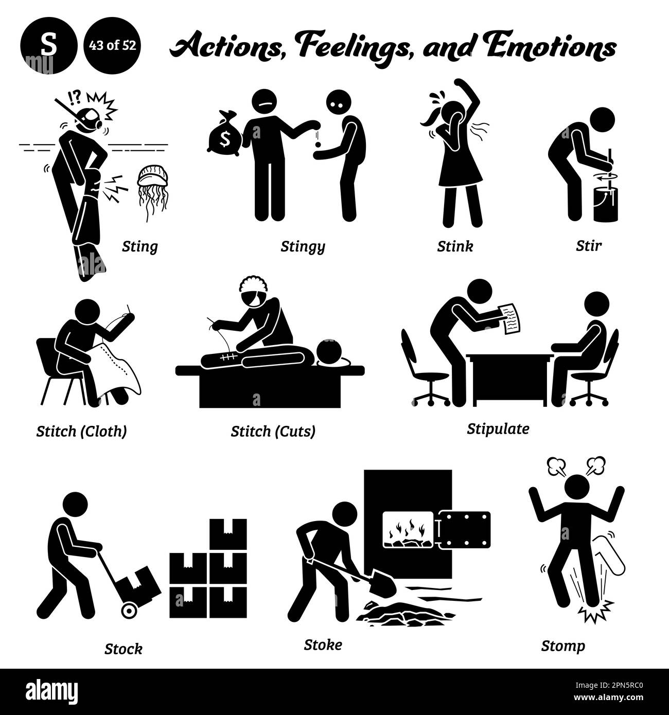 Stick figure human people man action, feelings, and emotions icons alphabet S. Sting, stingy, stink, stir, stitch, cloth, cuts, stipulate, stock, stok Stock Vector