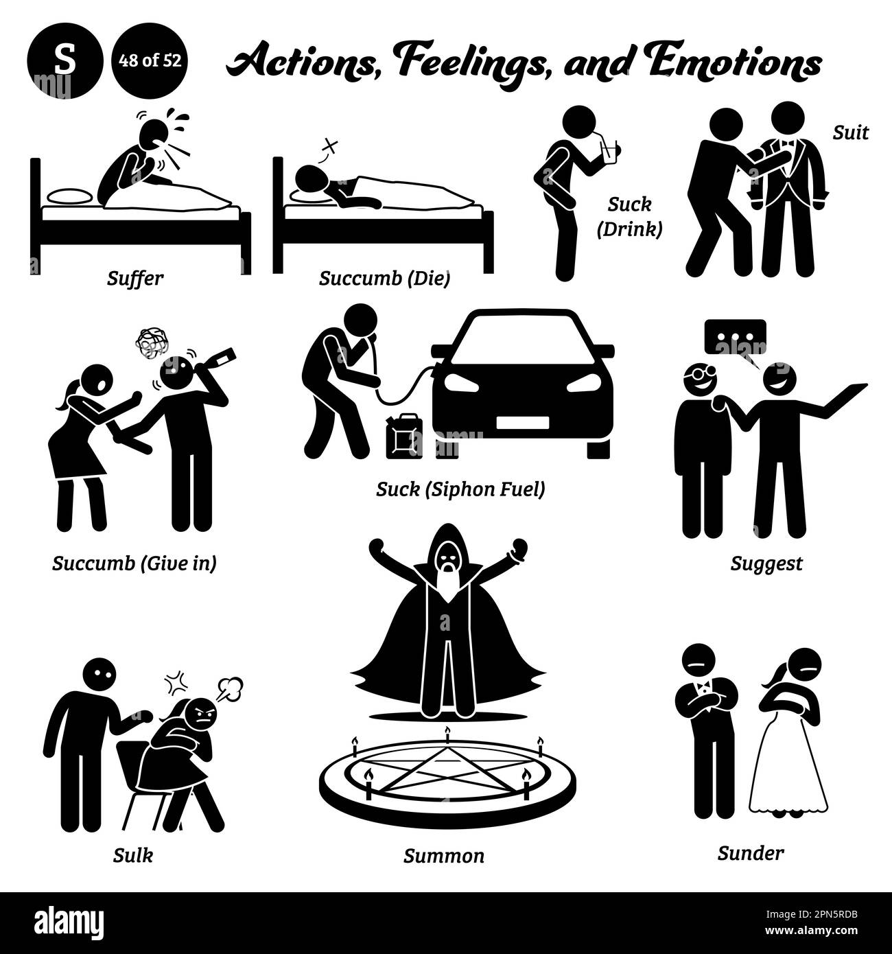 Stick figure human people man action, feelings, and emotions icons alphabet S. Suffer, succumb, die, suck, drink, suit, give in, siphon, fuel, suggest Stock Vector