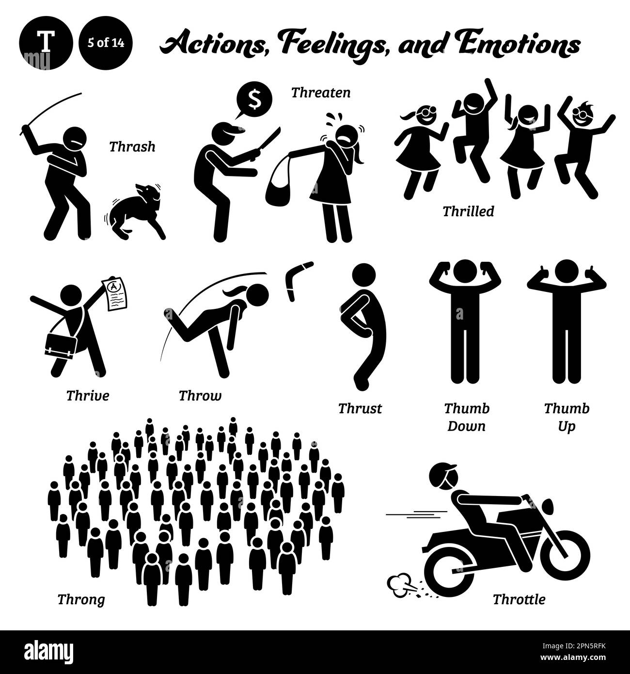 Stick figure human people man action, feelings, and emotions icons alphabet T. Thrash, threaten, thrilled, thrive, throw, thrust, thumb down, thumb up Stock Vector