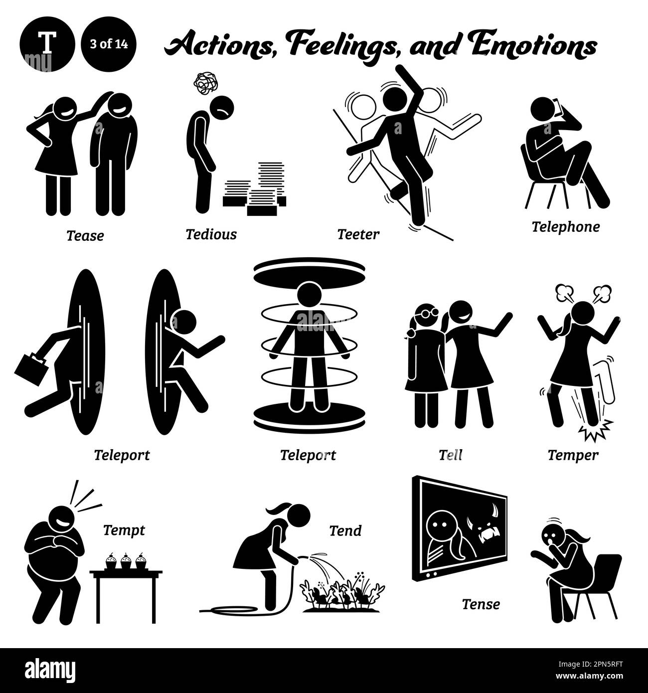 Stick figure human people man action, feelings, and emotions icons alphabet T. Tease, tedious, teeter, telephone, teleport, tell, temper, tempt, tend, Stock Vector