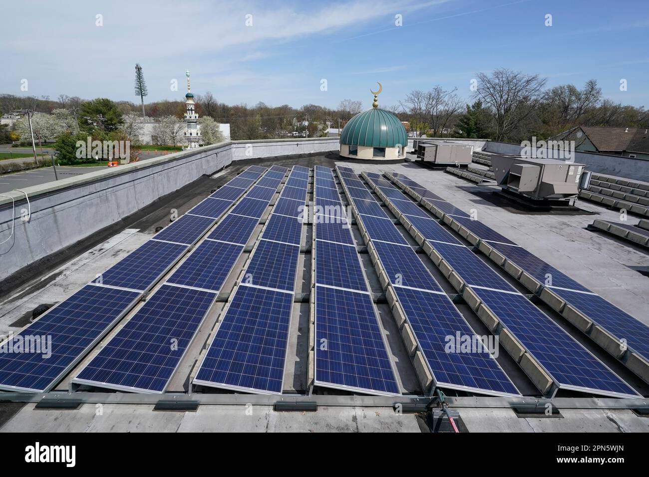 Solar panels cover the roof of Masjid AlWali, a mosque in Edison, N.J