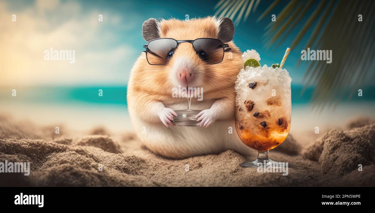 Hamster is on summer vacation at seaside resort and relaxing on summer