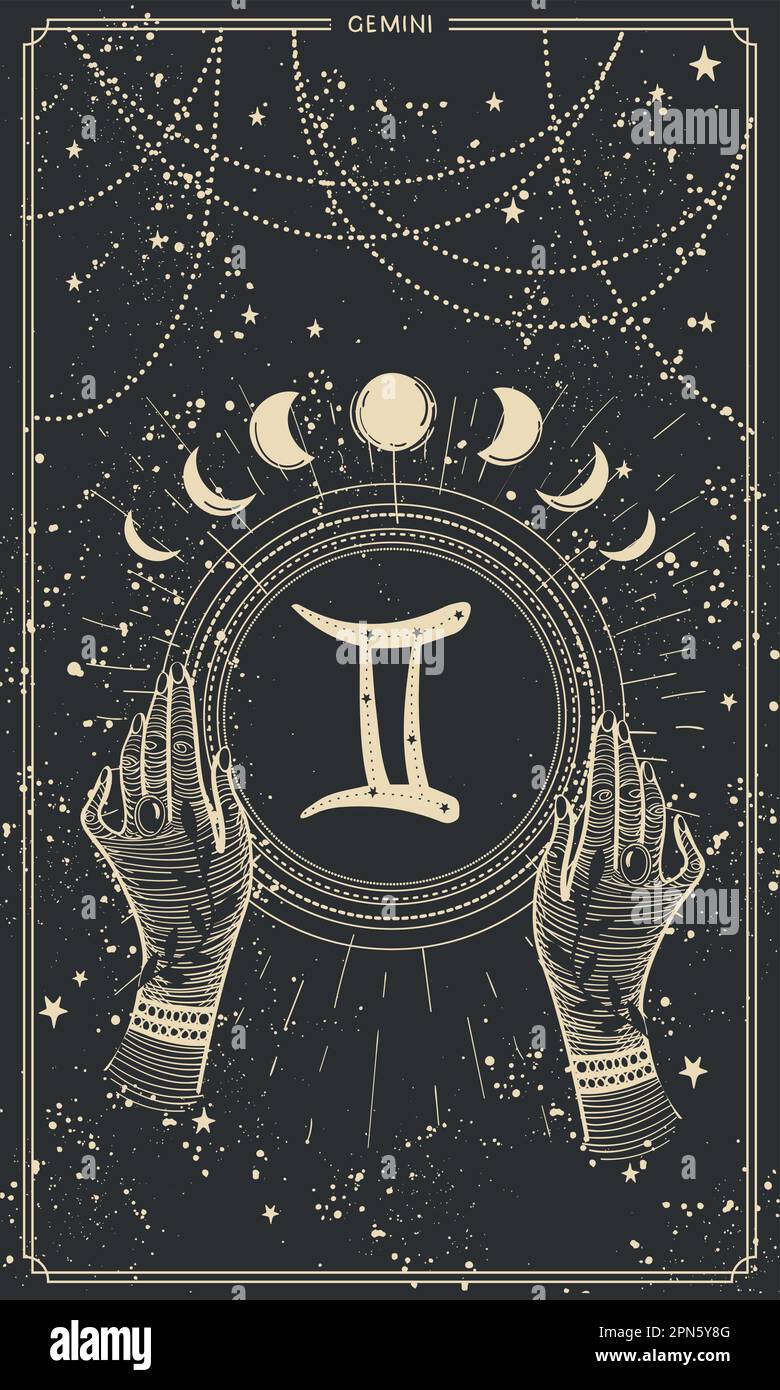 Aesthetic Gemini zodiac card for stories, astrological horoscope, boho line design, gold engraving on black background with stars. Mystical vector ill Stock Vector