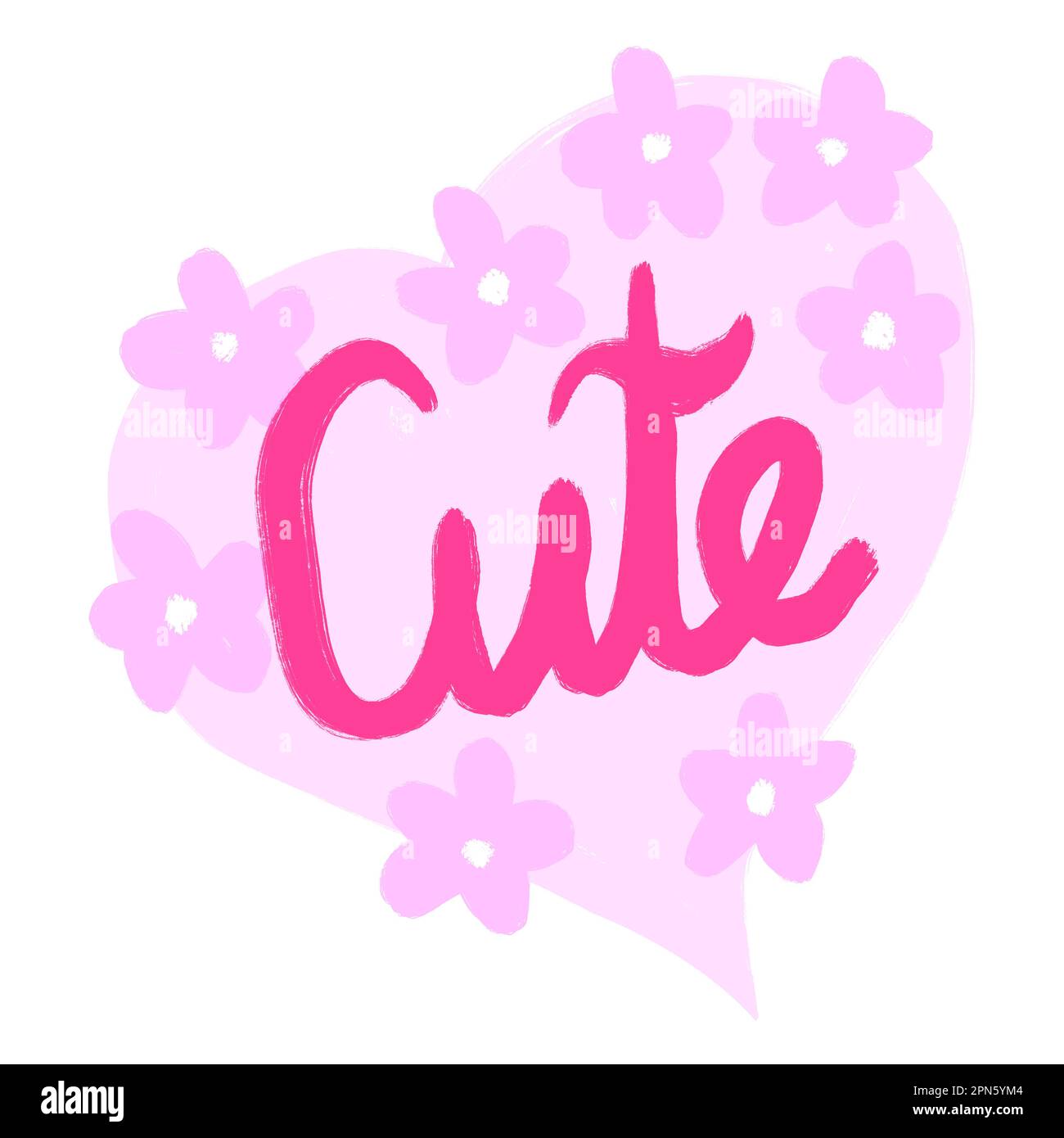 Hand drawn illustration of word lettering cute with pink diasy flowers in heart shape. Girly st valentines day card invittion poster, cherry blossom decoration, botanical greeting sticker Stock Photo